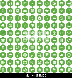 100 music festival icons hexagon green Stock Vector