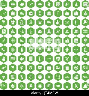 100 national holiday icons hexagon green Stock Vector