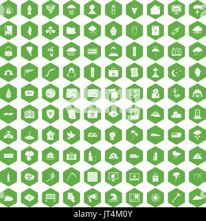 100 natural disasters icons hexagon green Stock Vector