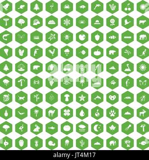 100 nature icons hexagon green Stock Vector