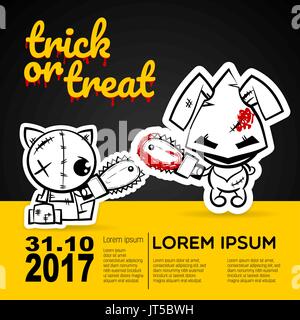 Halloween evil cat bunny rabbit cartoon funny monster. Pop art wow comic book text poster party. Ugly angry thread needle sewing voodoo doll. Vector i Stock Vector