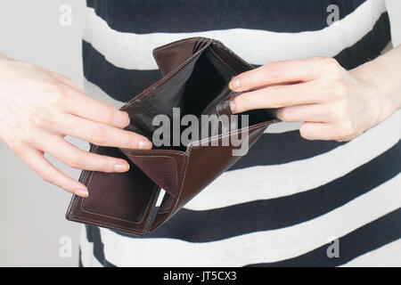 Female hands with an empty wallet on white background Stock Photo - Alamy