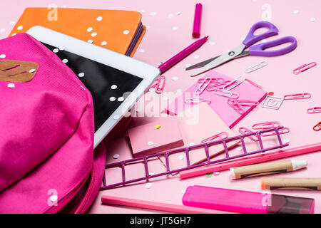 close up view of various school supplies in schoolbag Stock Photo