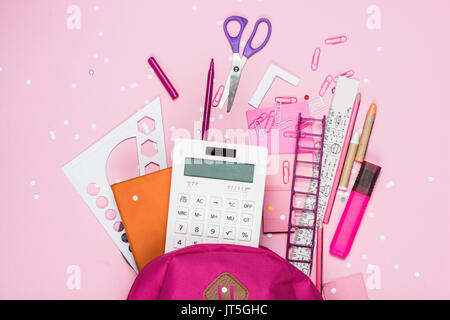 close up view of various school supplies in schoolbag Stock Photo