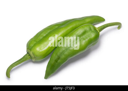 Numex Big Jim green chile peppers, whole. New Mexico pod type (Capsicum annuum). Clipping paths, shadow separated, top view Stock Photo