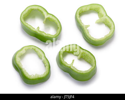 Numex Big Jim green chile peppers, sliced or diced. New Mexico pod type (Capsicum annuum). Clipping paths, shadow separated, top view Stock Photo