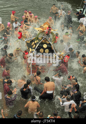 Japan, Shimodate, Gion Matsuri, festival, people, river, portable shrine, Stock Photo