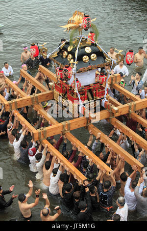 Japan, Shimodate, Gion Matsuri, festival, people, river, portable shrine, Stock Photo