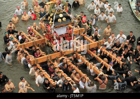 Japan, Shimodate, Gion Matsuri, festival, people, river, portable shrine, Stock Photo