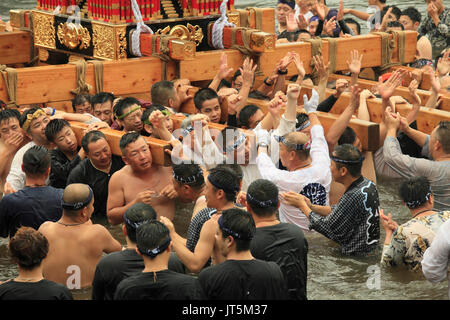 Japan, Shimodate, Gion Matsuri, festival, people, river, portable shrine, Stock Photo