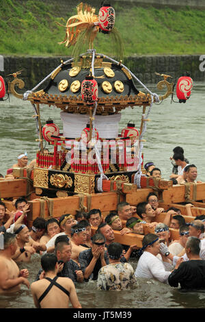 Japan, Shimodate, Gion Matsuri, festival, people, river, portable shrine, Stock Photo