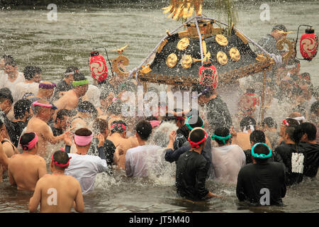 Japan, Shimodate, Gion Matsuri, festival, people, river, portable shrine, Stock Photo