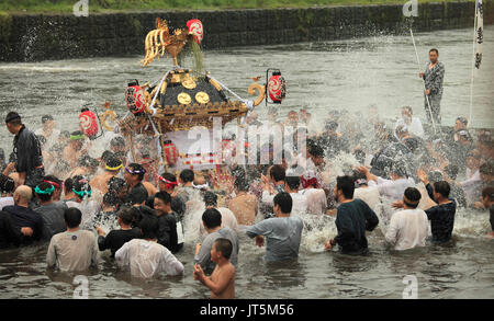 Japan, Shimodate, Gion Matsuri, festival, people, river, portable shrine, Stock Photo