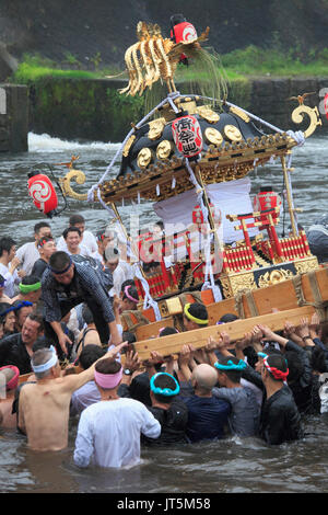 Japan, Shimodate, Gion Matsuri, festival, people, river, portable shrine, Stock Photo