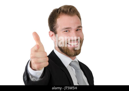 Handsome young business man pointing at you and smiling isolated on white Stock Photo