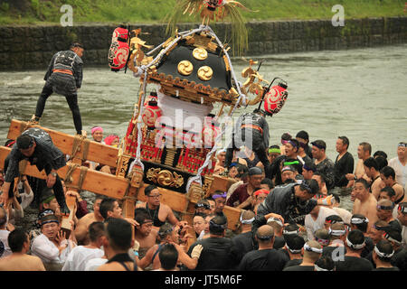 Japan, Shimodate, Gion Matsuri, festival, people, river, portable shrine, Stock Photo