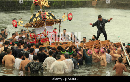 Japan, Shimodate, Gion Matsuri, festival, people, river, portable shrine, Stock Photo