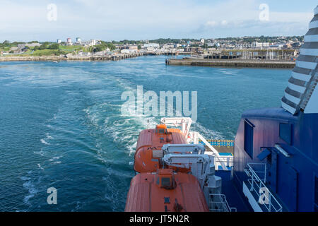 View from the rear of a Brittany Ferries car ferry departing Plymouth for Brittany Stock Photo