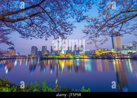 SEOUL, KOREA - APRIL 9, 2015: Lotte World amusement park at night and cherry blossom of Spring, a major tourist attraction in Seoul, South Korea on Ap Stock Photo