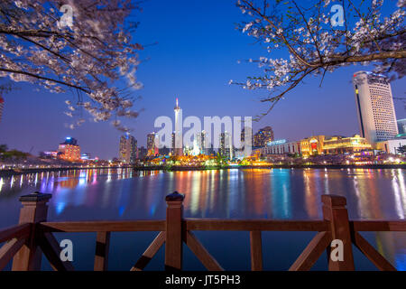 SEOUL, KOREA - APRIL 9, 2015: Lotte World amusement park at night and cherry blossom of Spring, a major tourist attraction in Seoul, South Korea on Ap Stock Photo