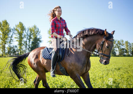 Happy young woman galloping horseback on field and enjoying feeling of freedom Stock Photo