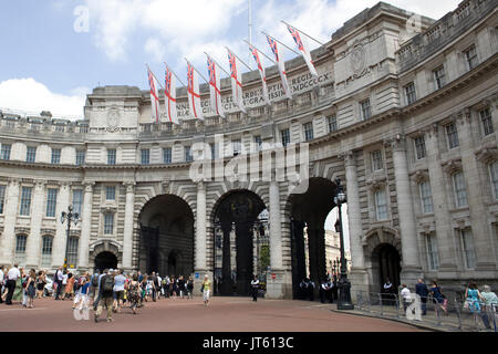 The Saint Georges Flag with the union jack flying at Admiralty Arch London Stock Photo