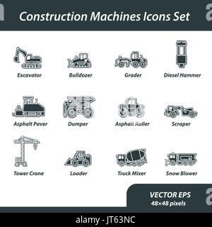 Construction machines set of flat icons Stock Vector