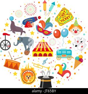 Circus icon set in round shape flat, cartoon style. Collection of elements with elephant, lion, Sealion, gun, clown, tickets. Isolated on white backgr Stock Vector