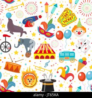 Circus seamless pattern. Holiday carnival endless background, texture. Isolated on white background. Vector illustration Stock Vector