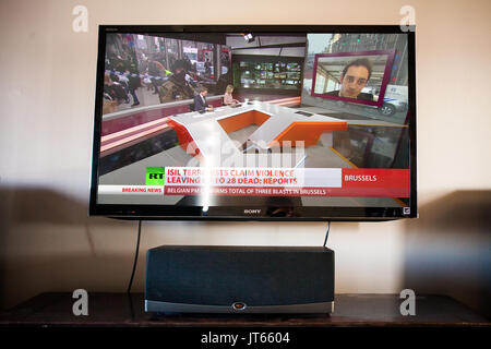MONTREAL, CANADA - march 22, 2016: Brussels Attack News speech viewed on Television. Stock Photo