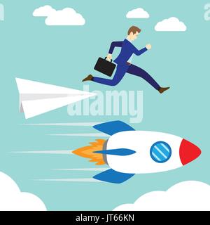 Business Concept As A Businessman Is Jumping Down From A Paper Rocket To A Real Rocket. It Means Changing From Weak  Standard To The Strong One. Stock Vector