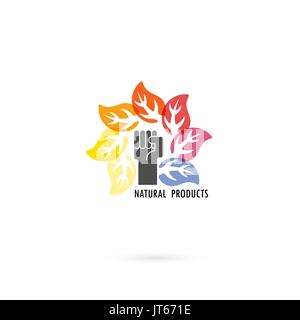 Human hand and circle of colorful leaves icon with nature concept.Leaves vector logo design template.Design for Business logo,product brand,banner or  Stock Vector
