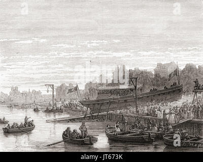 The launching of Claude de Jouffroy d'Abban's steamboat Charles-Philippe in 1816.  The first steam navigation service on the Seine to regularly service the river route between Paris and Montereau in Île-de-France.  From Les Merveilles de la Science, published 1870. Stock Photo