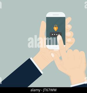 Hand holding smartphone while entering the password.Mobile phone unlocked notification button and password sign,smartphone security,personal access,us Stock Vector