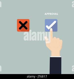 Hand pushing button with checkmark.Rejection and Approval decision concept.Hand, finger pressing buttons Rejection or Approval sign.Flat design vector Stock Vector