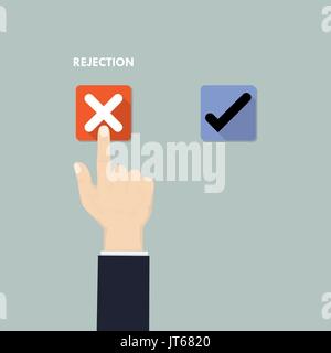 Hand pushing button with checkmark.Rejection and Approval decision concept.Hand, finger pressing buttons Rejection or Approval sign.Flat design vector Stock Vector