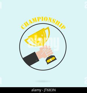 Hand holding winner's trophy award.Man holding up a gold trophy cup is winner in a competition background.Successful business concept.Flat vector Illu Stock Vector