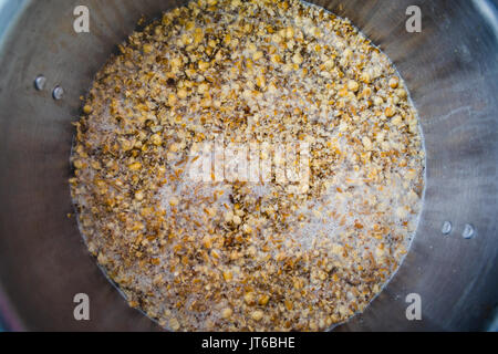 Mashing in a Stainless Kettle a Home Brew Cream Ale  with Crushed Barley and Corn Stock Photo