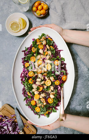 Chicken Salad with Red Cabbage and Kumquat Stock Photo