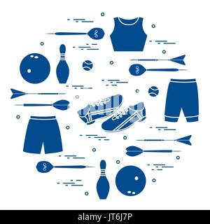 Vector illustration with goods for sports arranged in a circle. Sports theme. Design for banner, poster or print. Stock Vector