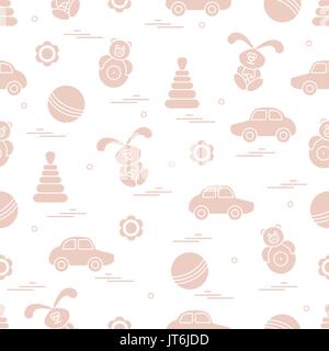 Vector pattern of different toys: car, pyramid, roly-poly, ball, hare, rattle. Design element for postcard, banner, flyer, poster or print. Stock Vector