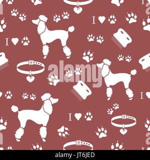 Seamless pattern with poodle silhouette, comb, collar, dog tracks and hearts. Design for banner, poster or print. Stock Vector