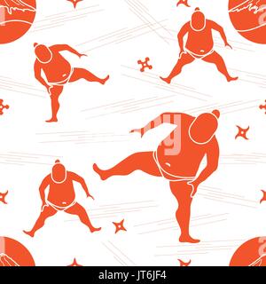 Vector pattern of sumo wrestler, shurikens and mountain Fuji. Japan theme. Stock Vector