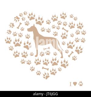 Nice picture of great dane silhouette on a background of dog tracks and bones in the form of heart on a white background. Stock Vector