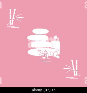 Stylized icon of massage stones for spa procedures, leaves, flower, candle and bamboo. Spa and beauty. Design for banner, poster or print. Stock Vector