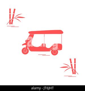 Stylized icon of tuk-tuk and bamboo. Traditional taxi in Thailand, India. Design for banner, poster or print. Stock Vector