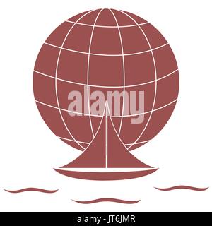 Stylized icon of a colored yacht, sailing over the waves on a globe on a white background Stock Vector