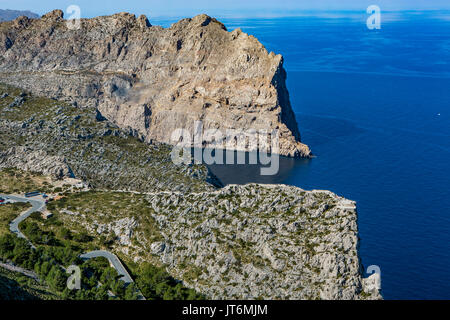 Viewpoint Mirador del Mal Pas, also named Mirador d'es Colomer (front), and Alta d'en Vaquer (rear) on Formentor peninsula, Majorca, Balearic Islands, Stock Photo