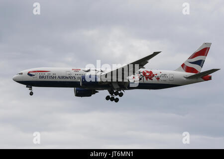 A British Airways Boeing 777-200ER wearing a GREAT Festival of Creativity special livery lands at London Heathrow Airport Stock Photo