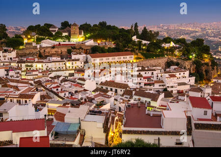 Dusk, typical white village of Mijas. Costa del Sol, Málaga province. Andalusia, Southern Spain Europe Stock Photo